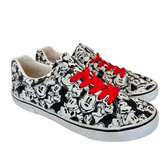 Disney Mickey Mouse Print Canvas Sneakers W Sz 10 Black and White w/ Red Laces - Picture 1 of 11